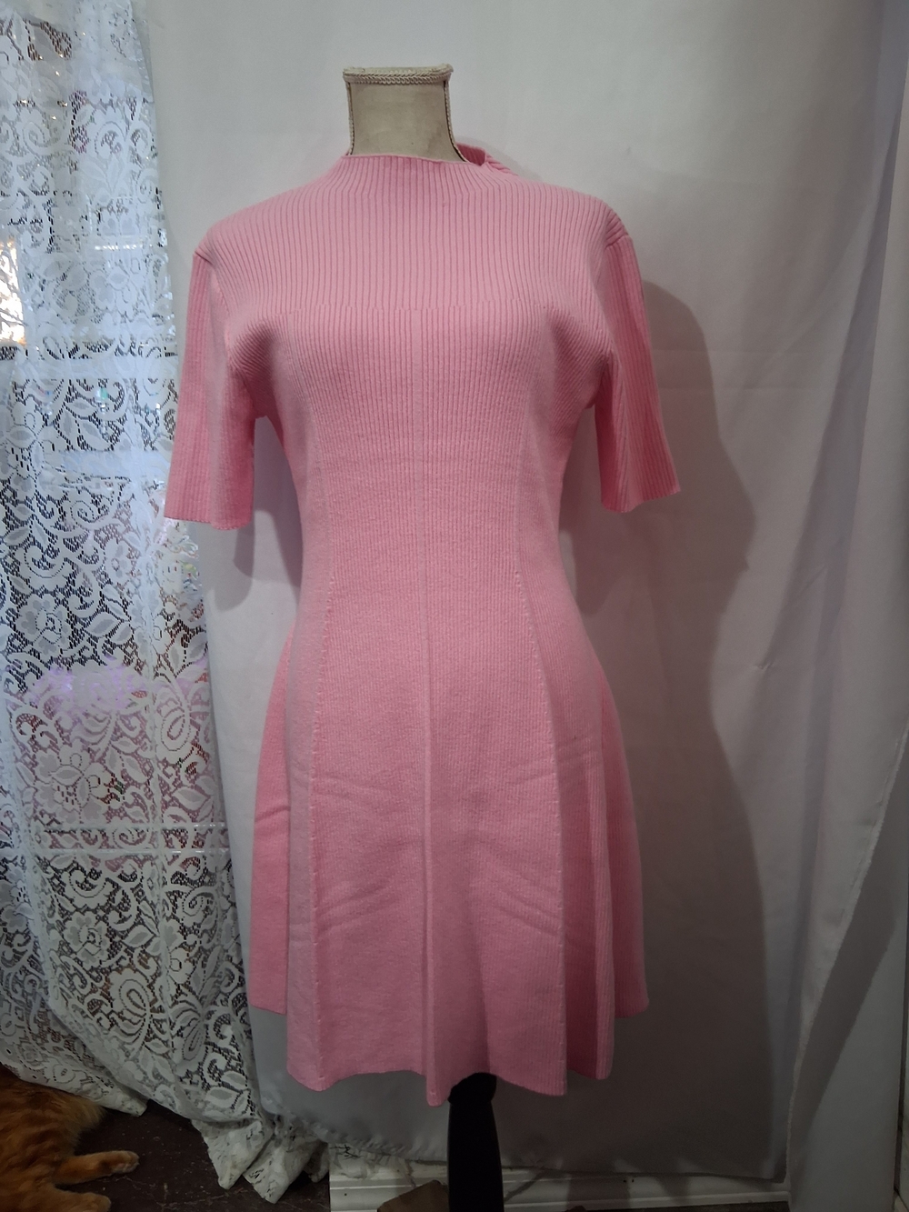 Ribbed Pink Short-Sleeve Knit Mini Dress